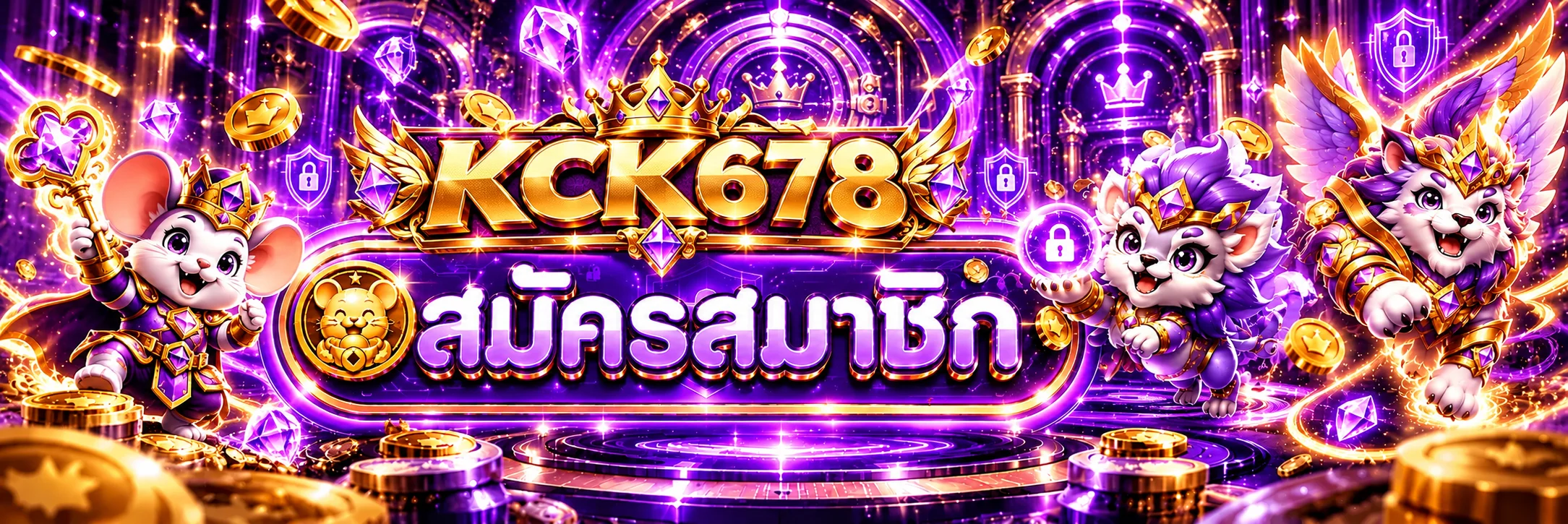 แบนเนอร์ทางเข้า KCK678 พร้อมกุญแจและตัวละครแฟนตาซีม่วงทอง